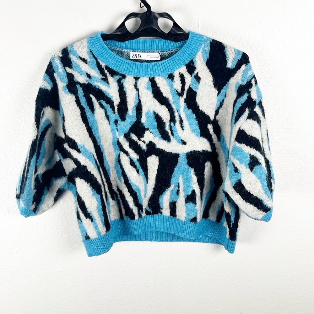 ZARA Wool Alpaca Blend Jacquard Puff Sleeves Animal Print Cropped Sweater Medium